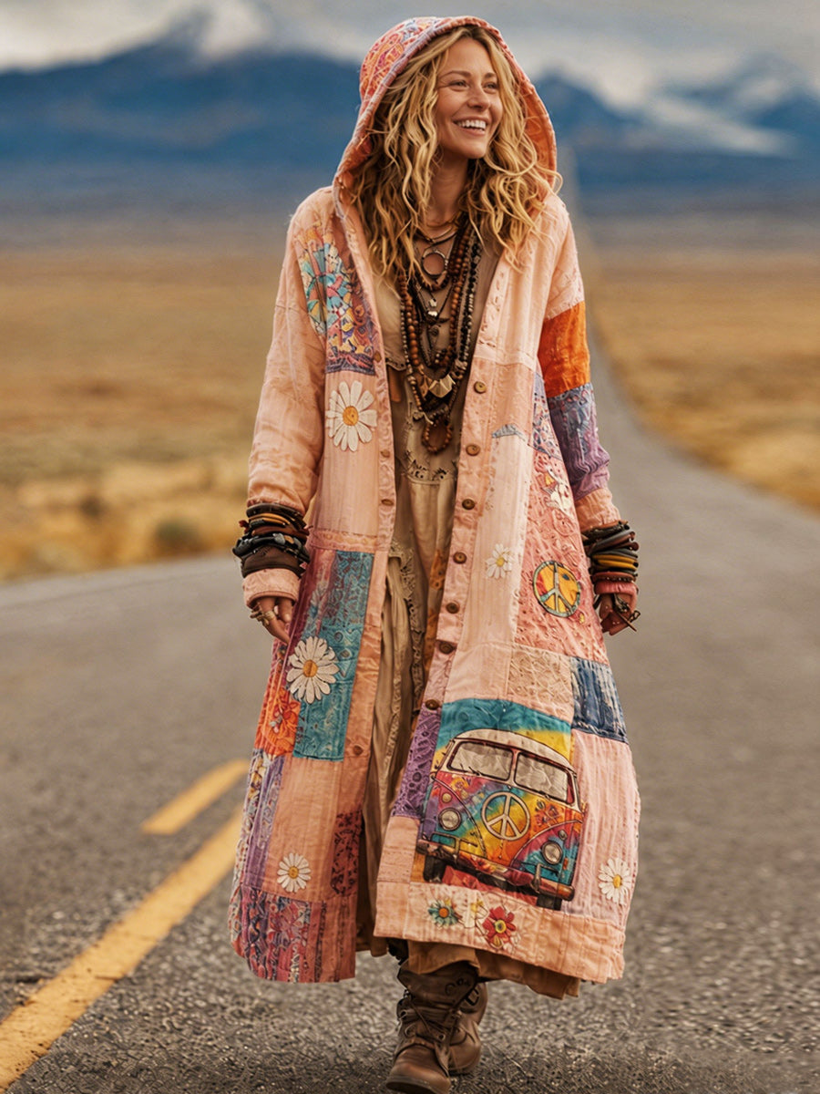 Retro Bohemian Style Art Printed Cotton Buttoned Hooded Casual Loose Long-Sleeved Shirt